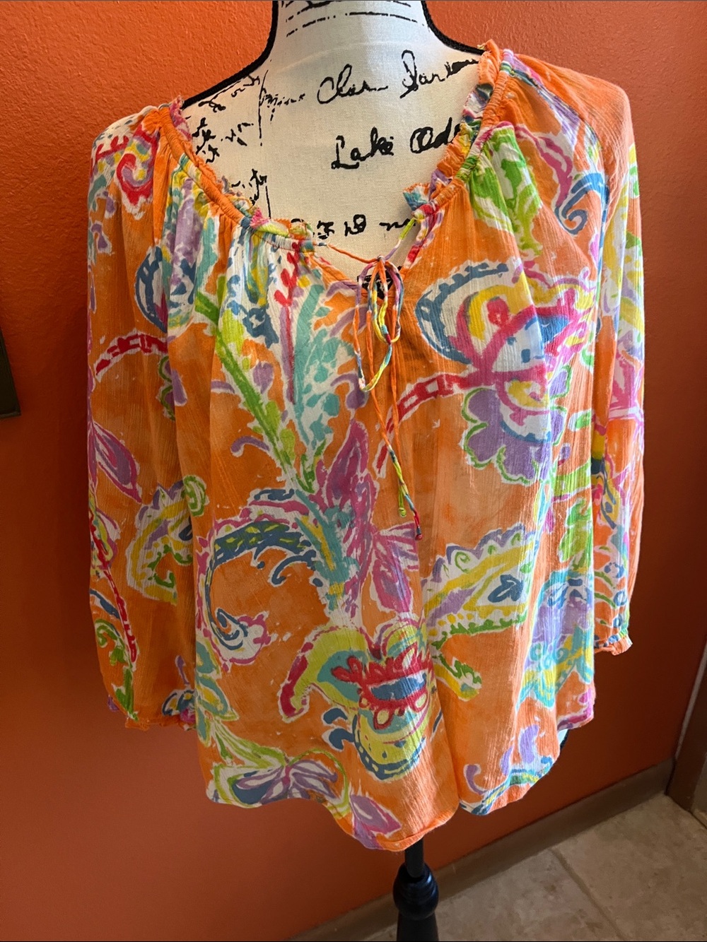 Ralph Lauren Orange Multicolor Paisley Tie-Neck Tunic